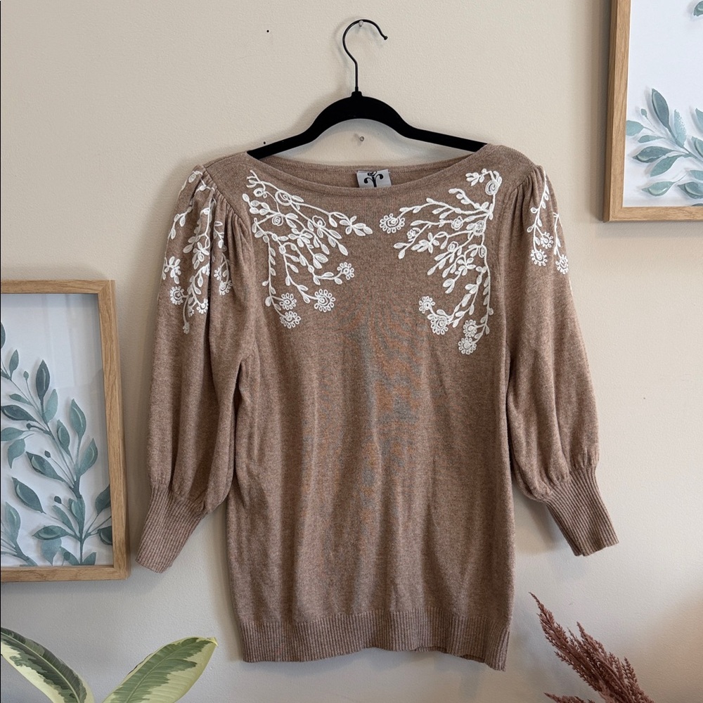 Rain + Rose Embroidered Tan Sweater